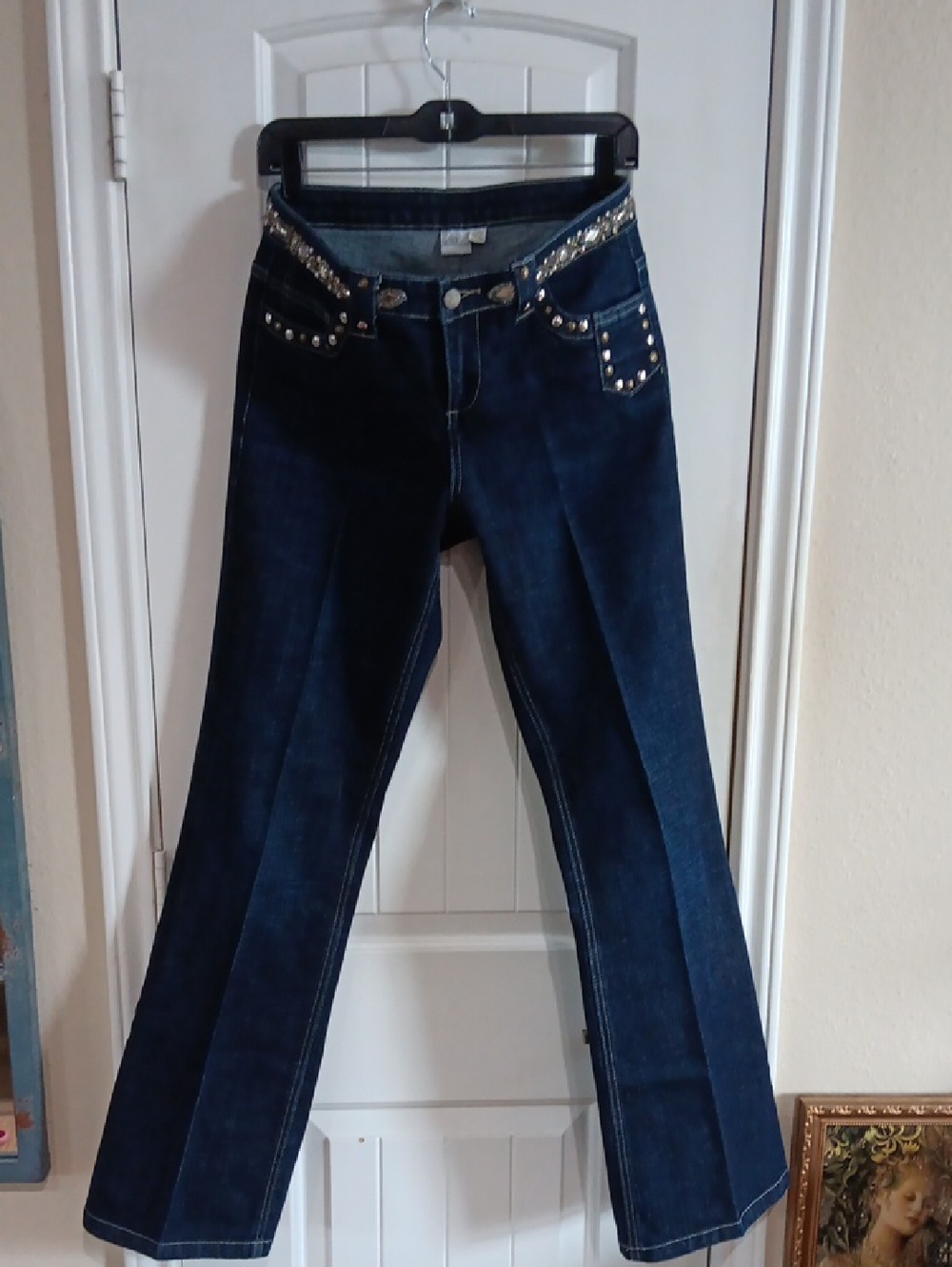 Vtg Y2K Cache Embellished Flare Jeans Size 6 Rhinestone Studded Cowgirl McBling